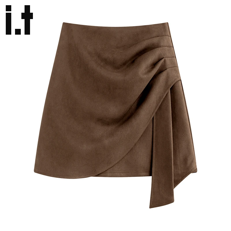 it:CHOCOOLATE不规则A字包臀短裙女秋冬美拉德咖色麂皮绒半身裙