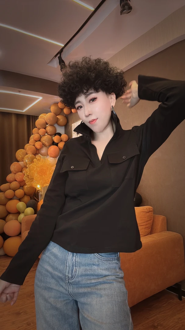 【妮菲丝娅】显瘦休闲百搭不挑人高弹力半拉链纯色体恤25075