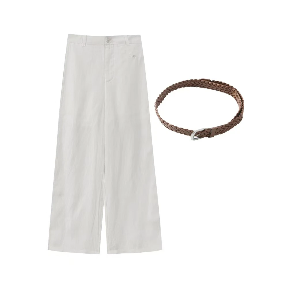 夏季休休闲人字纹亚麻天丝裤直筒9分裤