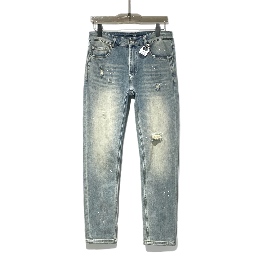 【奢潮定制】1803春季擦色破洞修身百搭牛仔长裤牛仔裤裤子夏季