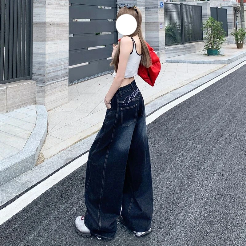 美式复古设计感弯刀牛仔裤女2025秋季新款高腰显瘦刺绣阔腿拖地裤