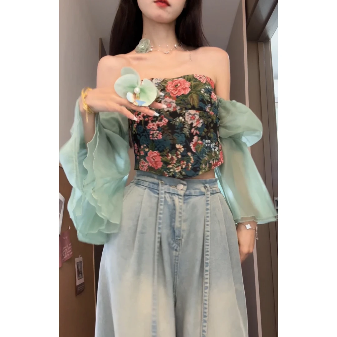 Seven 七分糖度假小众碎花吊带女夏热辣妹抹胸一字肩撞色上衣