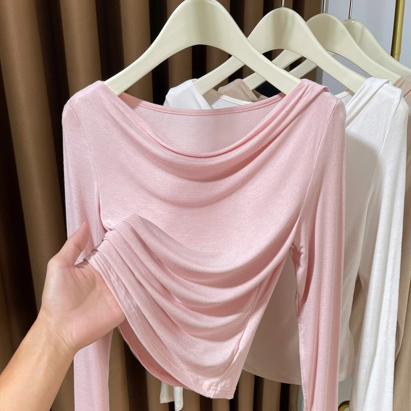 粉色露肩荡领时尚长袖t恤女2025新款一字斜肩薄款内搭打底衫女
