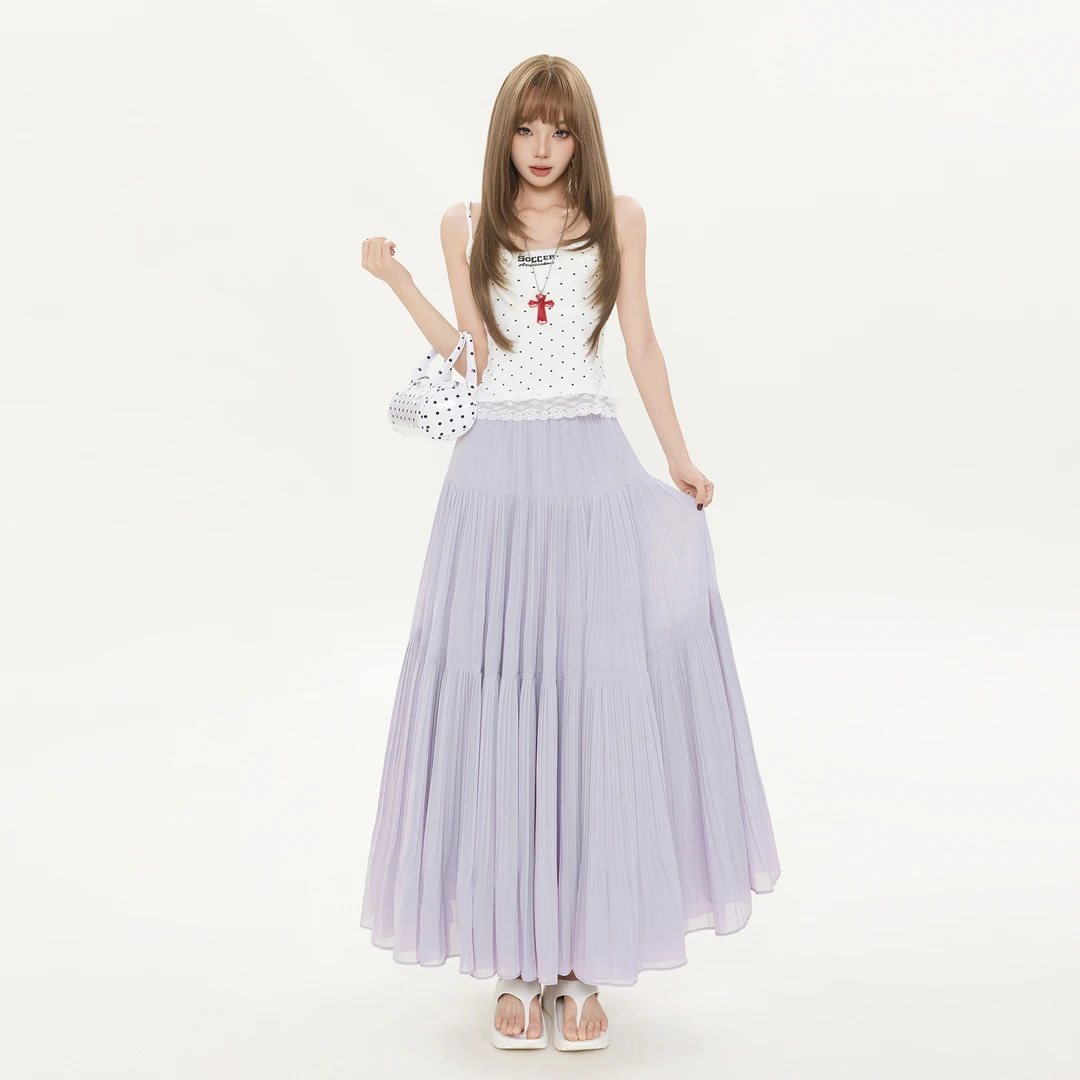 KRO夏季新款温柔风淑女百褶裙休闲法式褶皱垂感大裙摆半身长裙