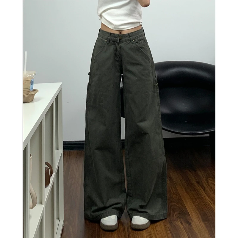 美式复古多口袋工装牛仔裤女2025夏季新款低腰宽松水洗阔腿裤