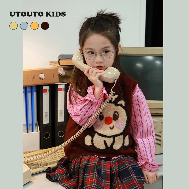 utouto大耳象女童卡通提花毛衣背心2025秋季新款针织上衣2501238