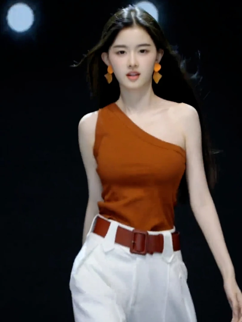 韩系chic独特超好看上衣小众设计感洋气减龄橘色斜肩无袖T恤女夏