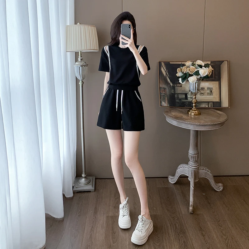 休闲运动套装女夏季新款韩版洋气减龄小个子短袖短裤两件套宽松