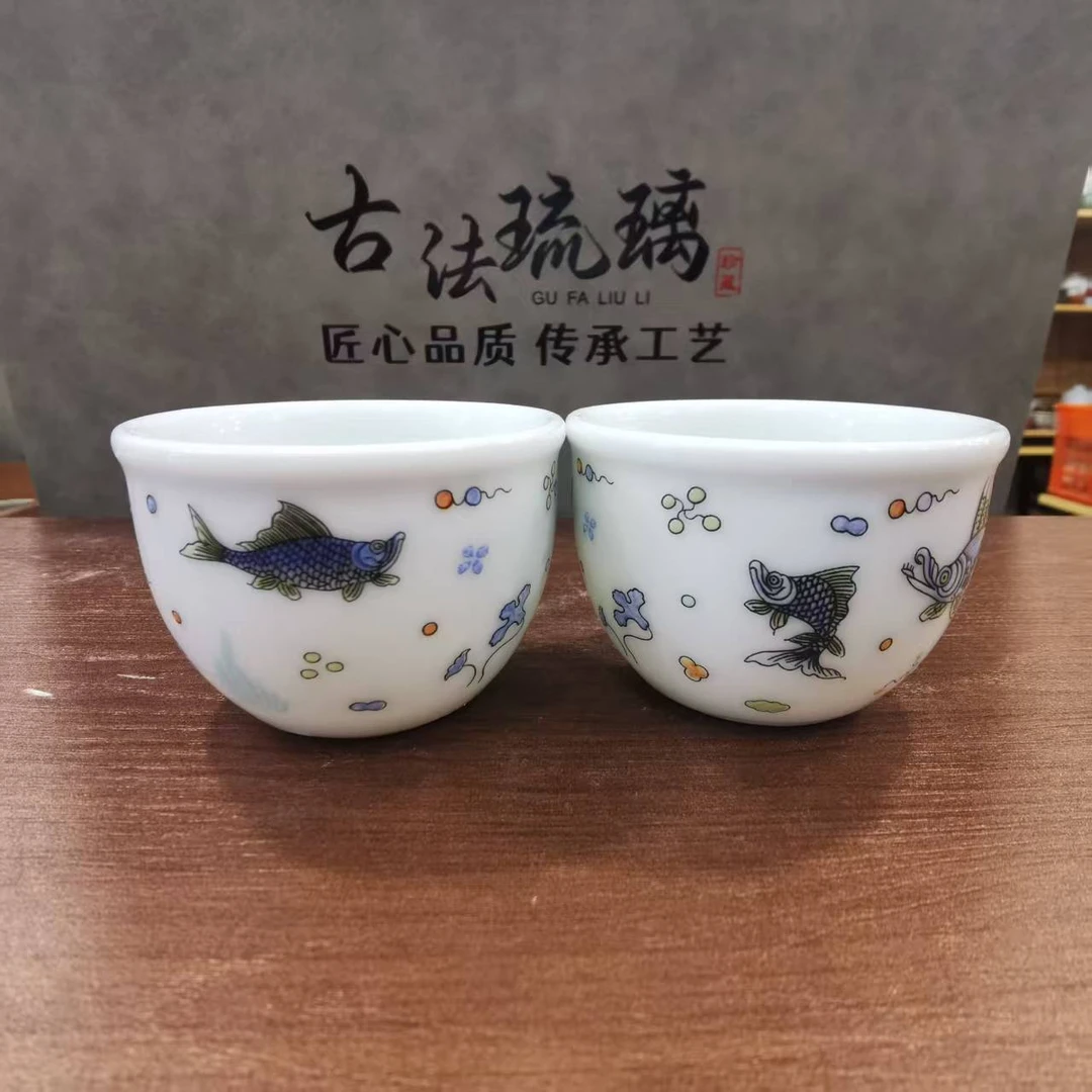 品茗杯茶杯陶瓷功夫茶具家用复古青花主人杯单杯手绘轻奢山水画