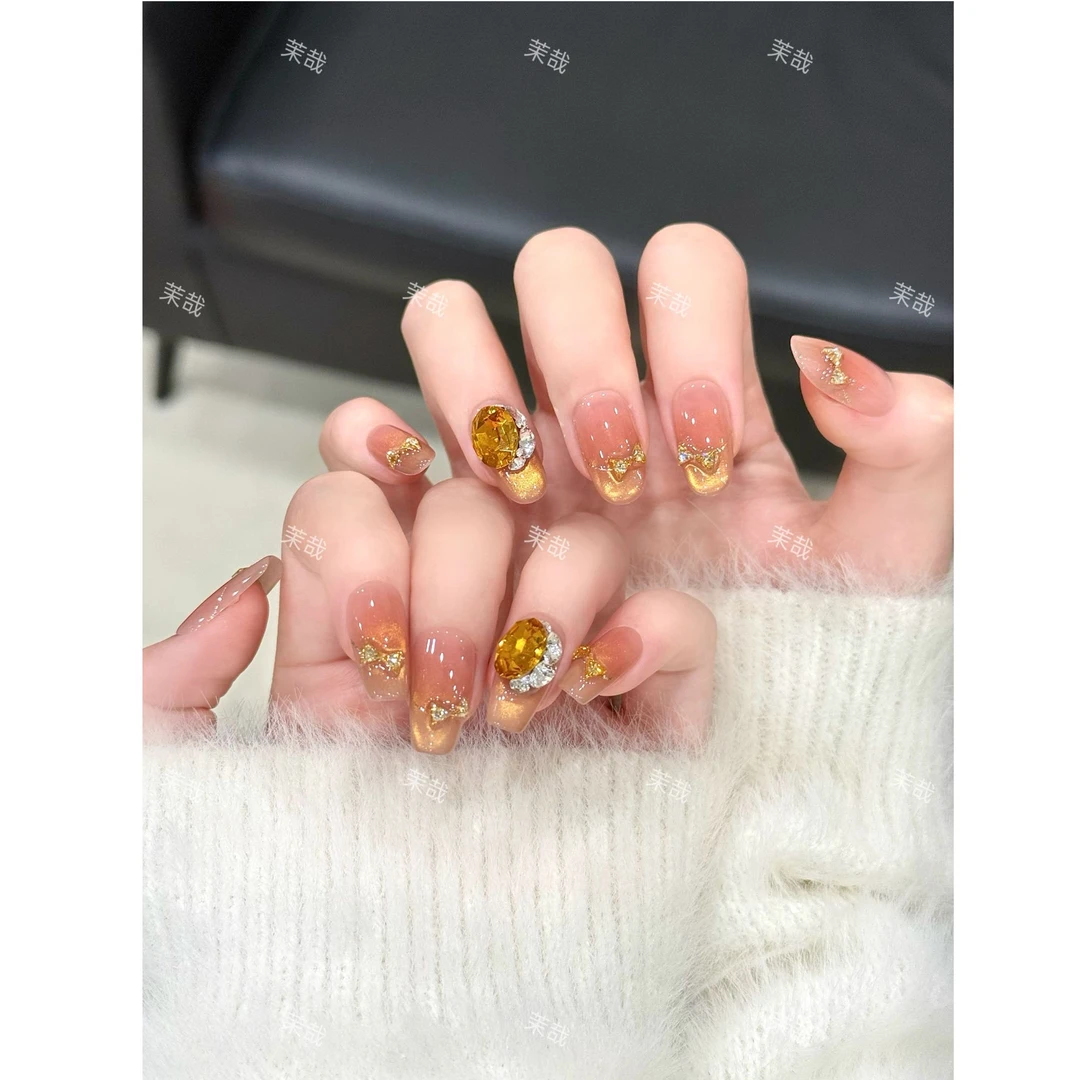 茉哉【秋韵流金】纯手工定制美甲拆卸穿戴甲A4632
