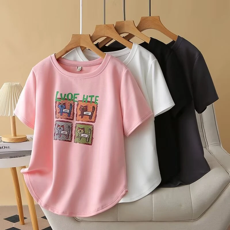 大码女装夏季新款时尚气质减龄圆领印花短袖T恤811