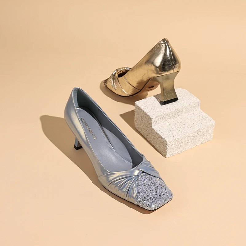 圣琳妃/牛皮/5CM法式水钻方头单鞋女粗跟百搭浅口气质女鞋D20068