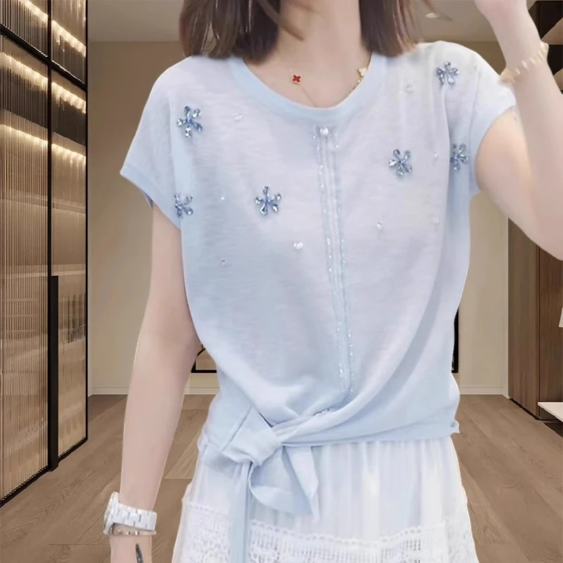 多巴胺蓝色重工萤星点点短袖冰丝针织衫女夏季绑带收腰显瘦上衣薄