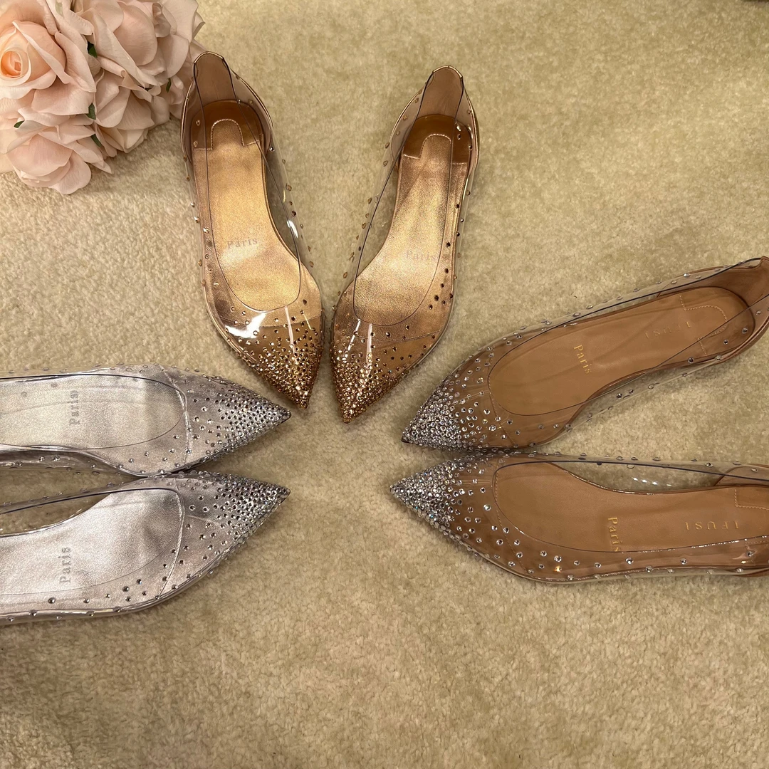 时尚轻奢胶片烫钻真皮红底平底高跟鞋 F6726-1