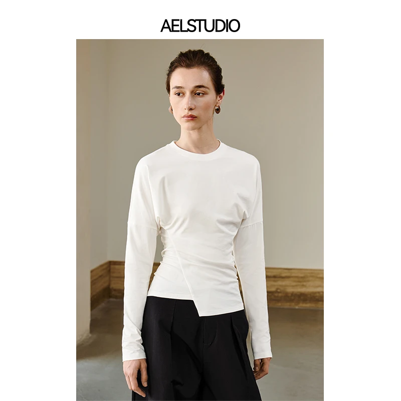 AEL原创长袖t恤白色打底衫女2024新款修身显瘦气质圆领上衣内搭