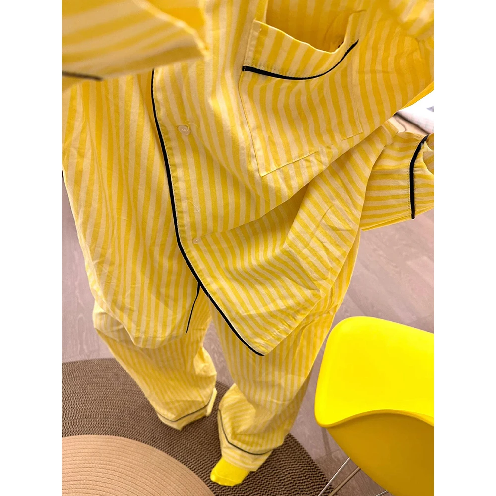 韩系宽松休闲条纹简约黄色长袖睡衣女2025秋冬温柔风家居服可外穿