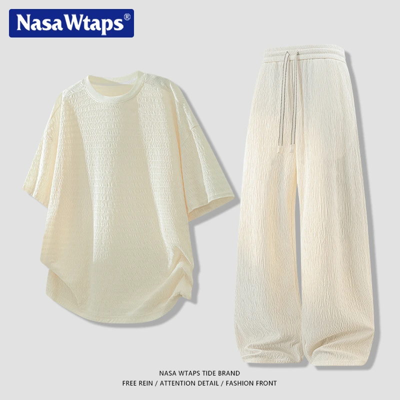 NASA WTAPS肌理感提花短袖t恤套装男夏季薄款宽松休闲冰丝裤套装