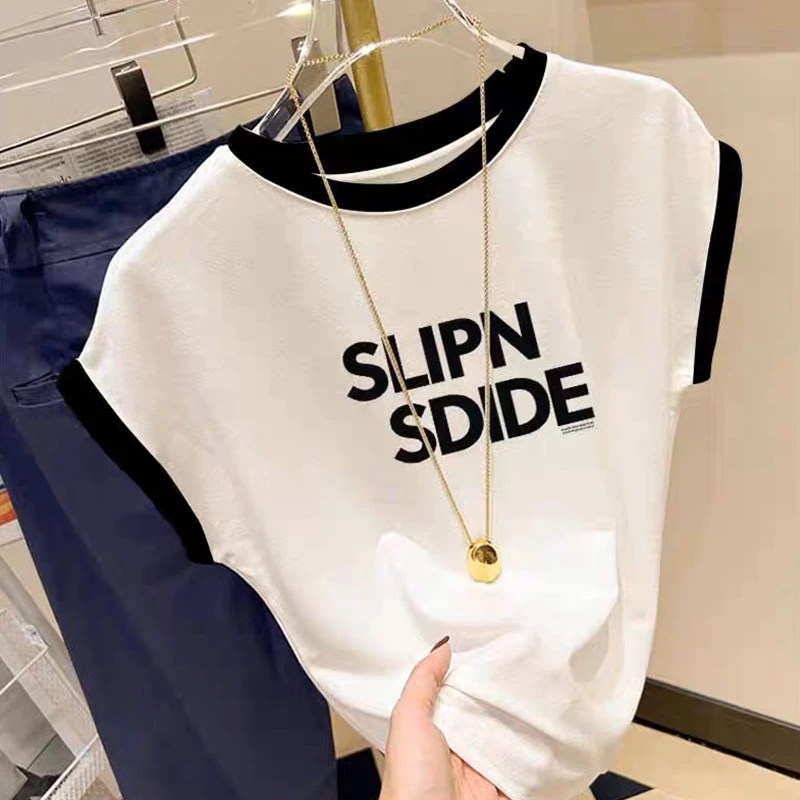 小飞袖正肩拼色圆领短袖t恤女时尚洋气显瘦上衣打底衫2025夏秋季