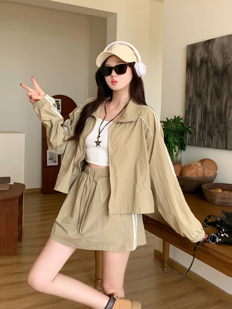 大码时尚套装女春季条纹长袖开衫外套胖MM辣妹包臀抽绳半裙两件套