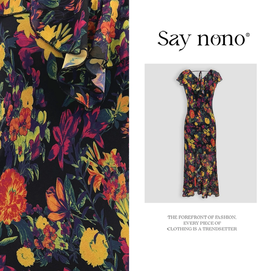 懒猫nono│Saynono时尚新款法式温柔度假印花高级休闲连衣裙H1113X