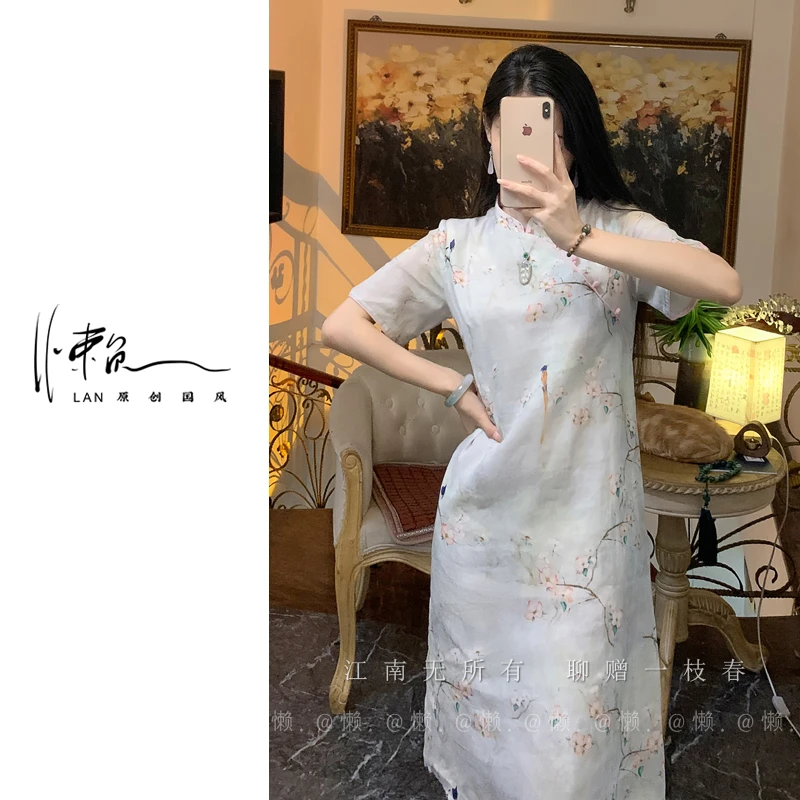 懒·江南「桃花曲」100支高定纯苎麻～国风原创手工开襟旗袍连衣裙