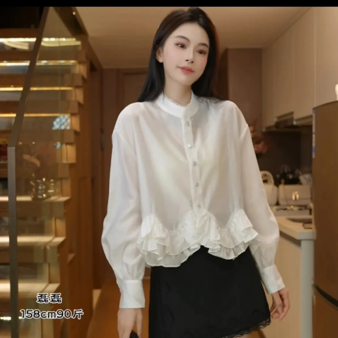 少女感新中式白色娃娃领拼接花边衬衫女
