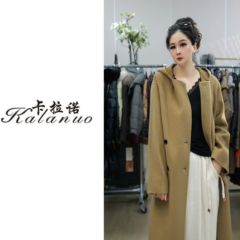 【卡拉诺】2025新款纯色山羊绒连帽大衣66536