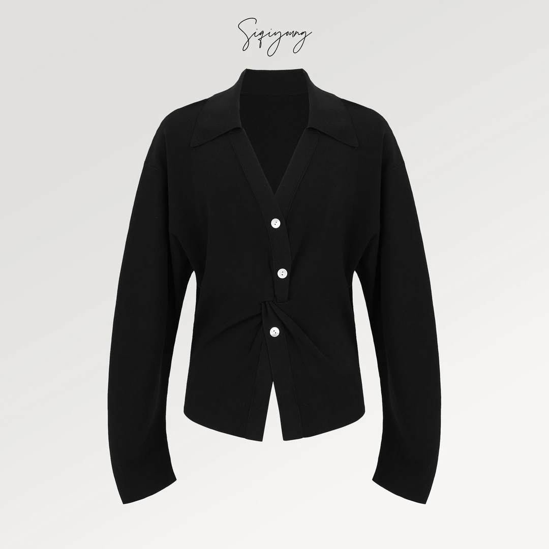 SIQIYOUNG V领纽结针织上衣