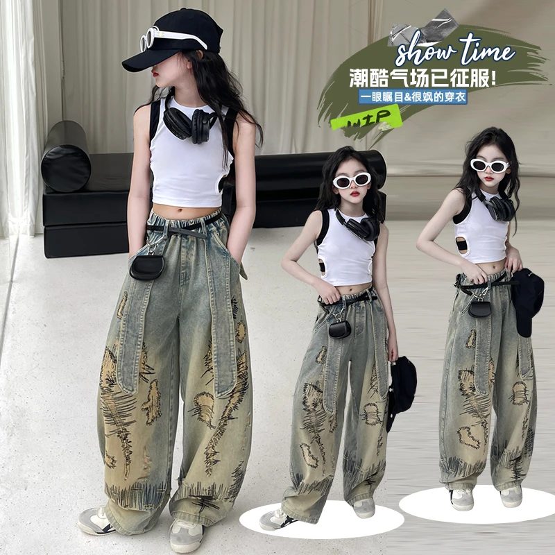 女童牛仔弯刀裤春夏款2025新款女大童复古时尚香蕉裤潮酷百搭牛仔