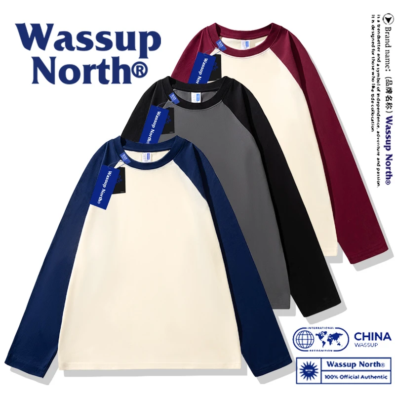 WASSUP NORTH国潮重磅纯棉插肩长袖t恤男女款秋冬季简约纯色拼接