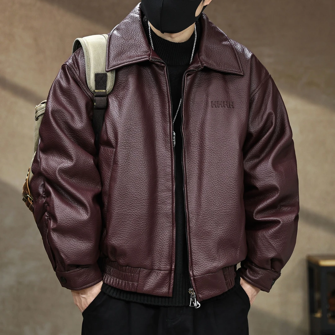 新国标90鸭绒高端复古PU皮衣羽绒服男冬季保暖防寒机车痞帅皮外套