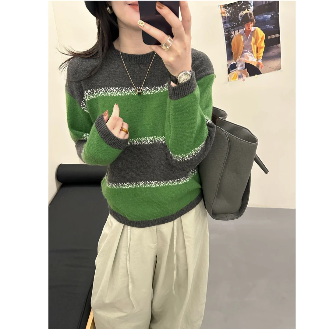 碎花条纹撞色百搭插肩袖格子圆领毛针织衫条纹上衣针织套头