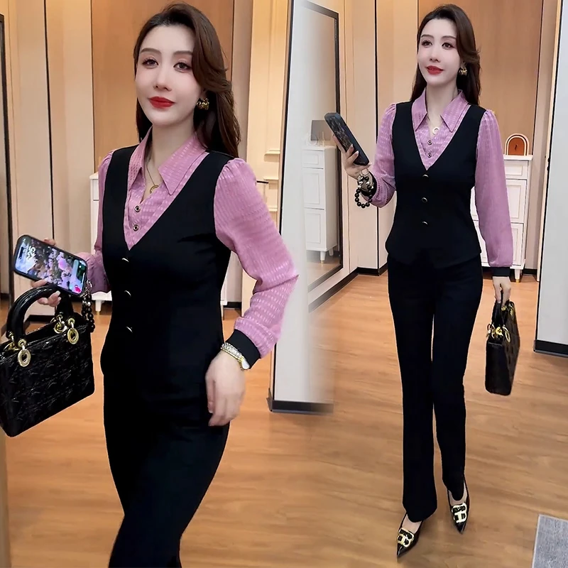 2025秋季新款时尚套装女洋气显瘦假两件衬衣高腰微喇裤减龄两件套