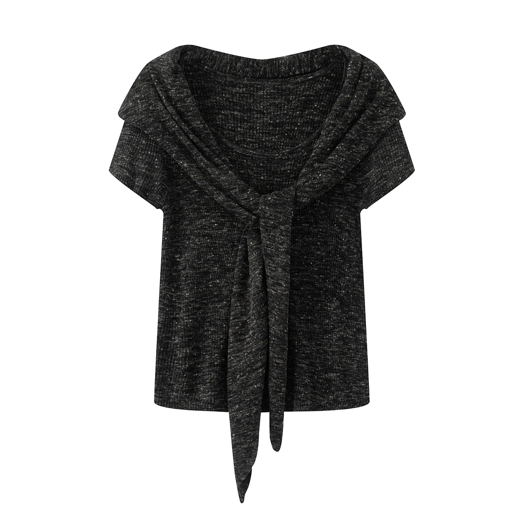 3105{迪}2025秋季新款简约可脱卸披肩短袖上衣出游服装女针织衫女