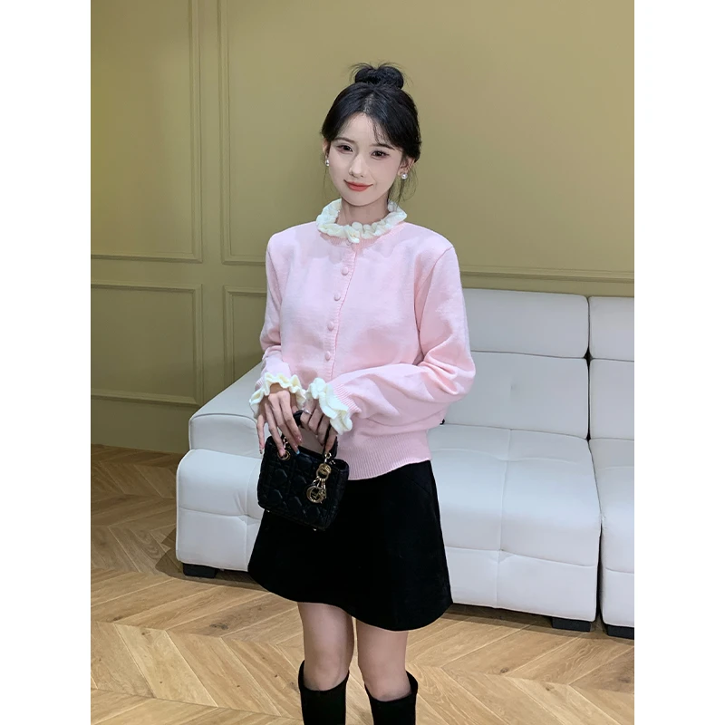 SHAOER【都市假日】时尚撞色单排扣木耳边针织开衫 S725X18903