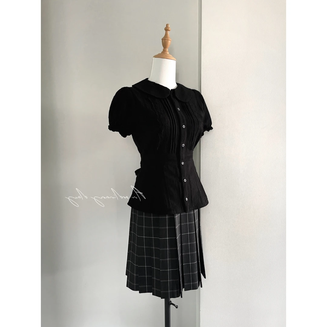 【纯棉优质版】2025夏季韩版修身显瘦百搭设计感娃娃领短款黑色上衣