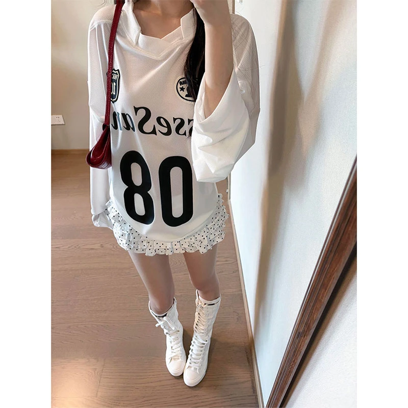 美式学院风潮牌球服女运动上衣宽松中长款秋季打底衫白色长袖t恤