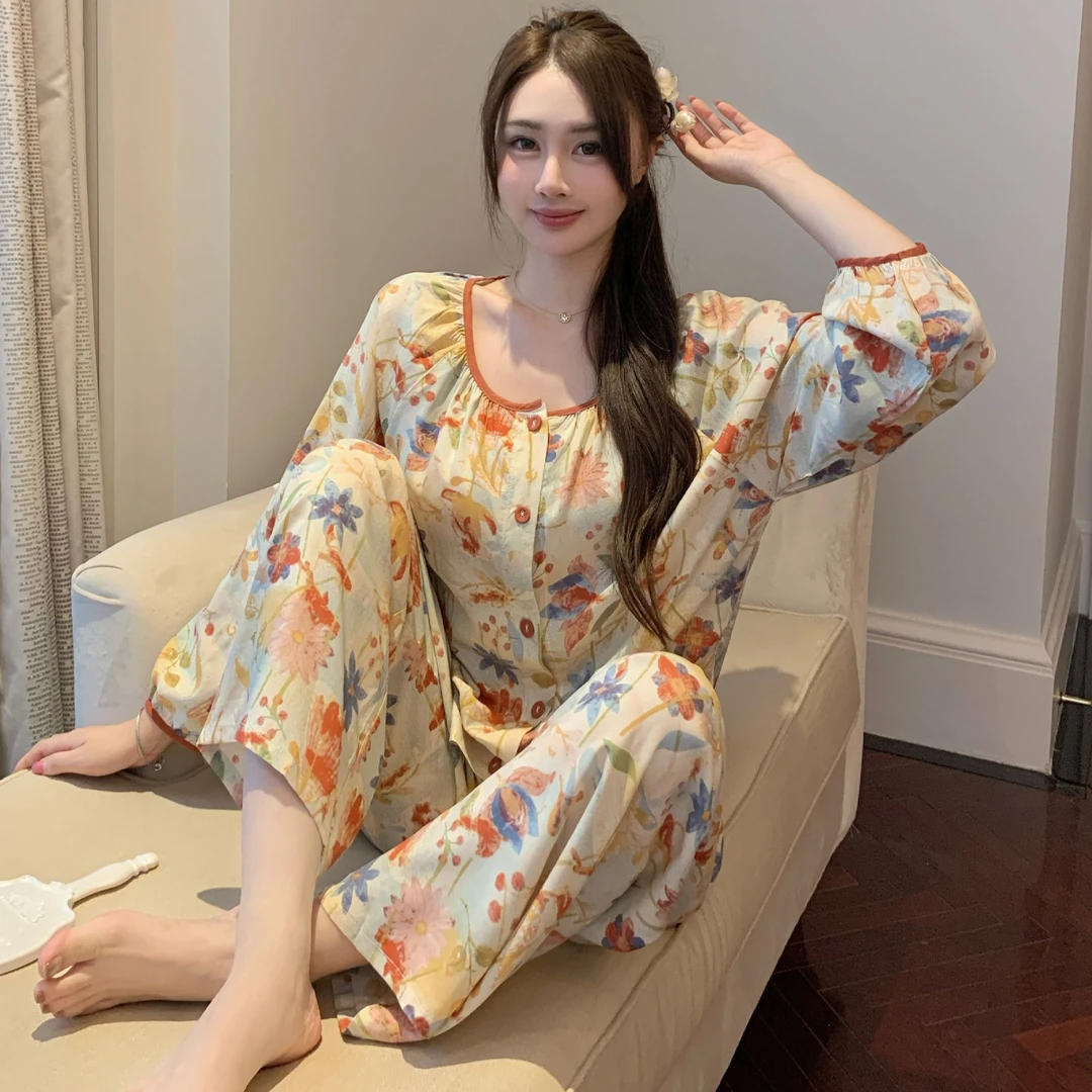 2025新款睡衣女春秋季中老年妈妈款家居服套装可外穿