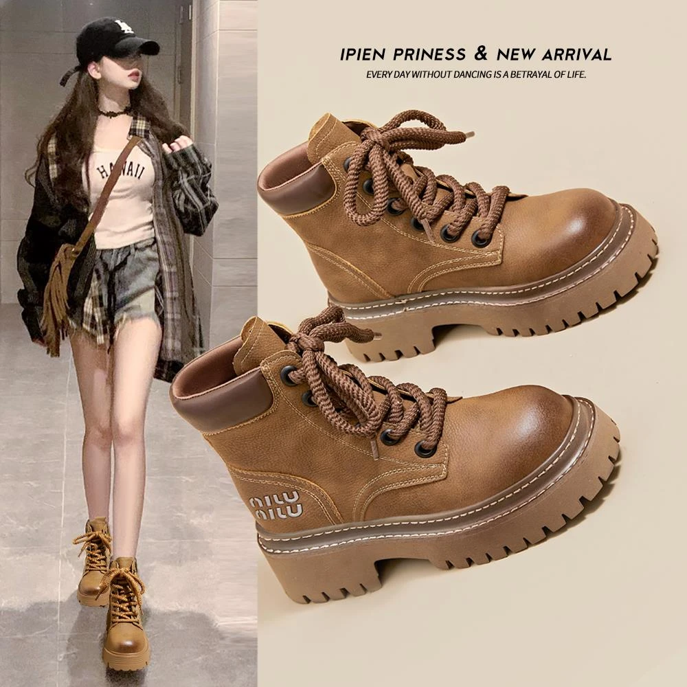 冬季加绒马丁靴女2025英伦风百搭靴厚底增高新款女款休闲短筒靴子