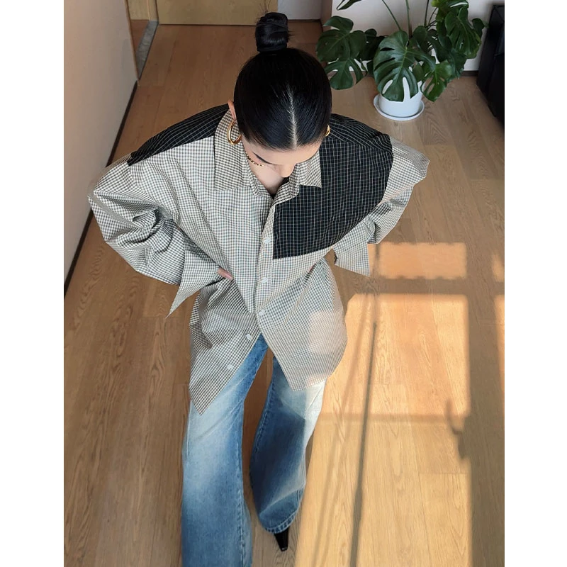 【斯里兰卡随笔】舒适透气时尚拼接格纹设计款纯棉长袖衬衫