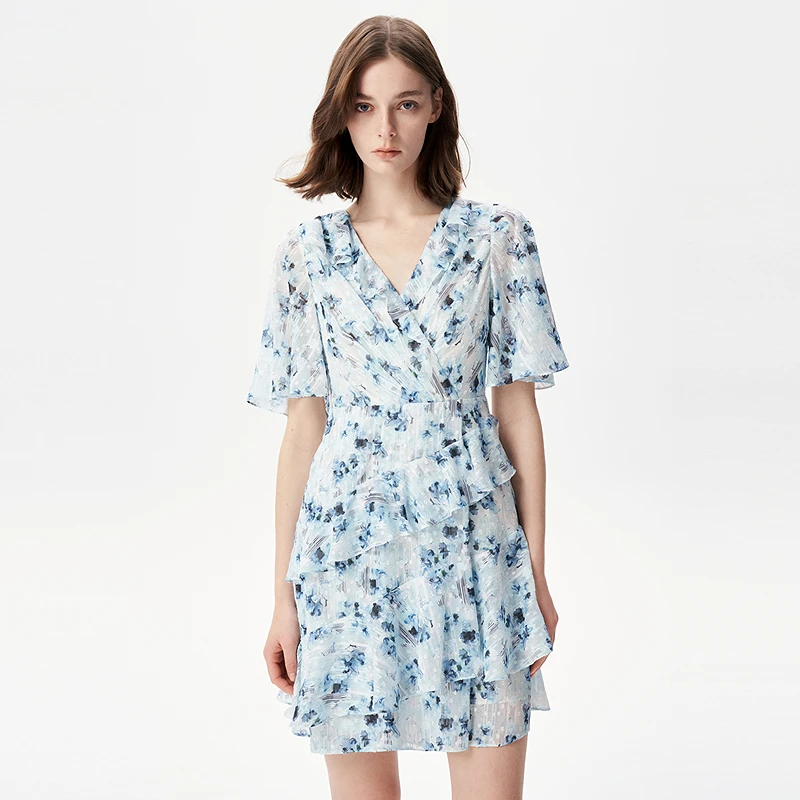 IRO Night 花卉印花短袖连衣裙荷叶边短裙清新度假法式25春夏新款