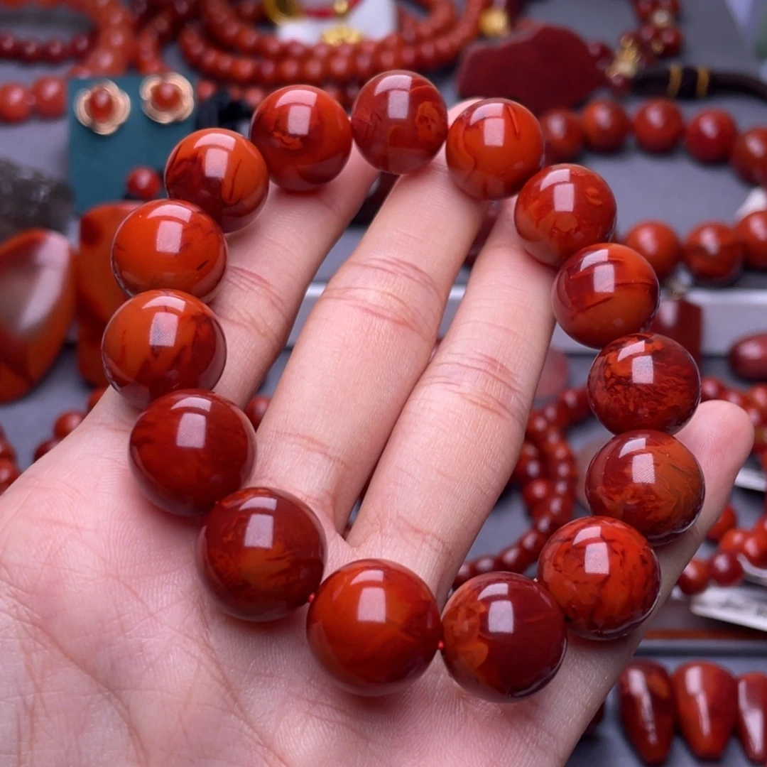昕***辰南红玛瑙未镶嵌其他全品原矿）14➕瓦西柿子满肉火焰圆珠
