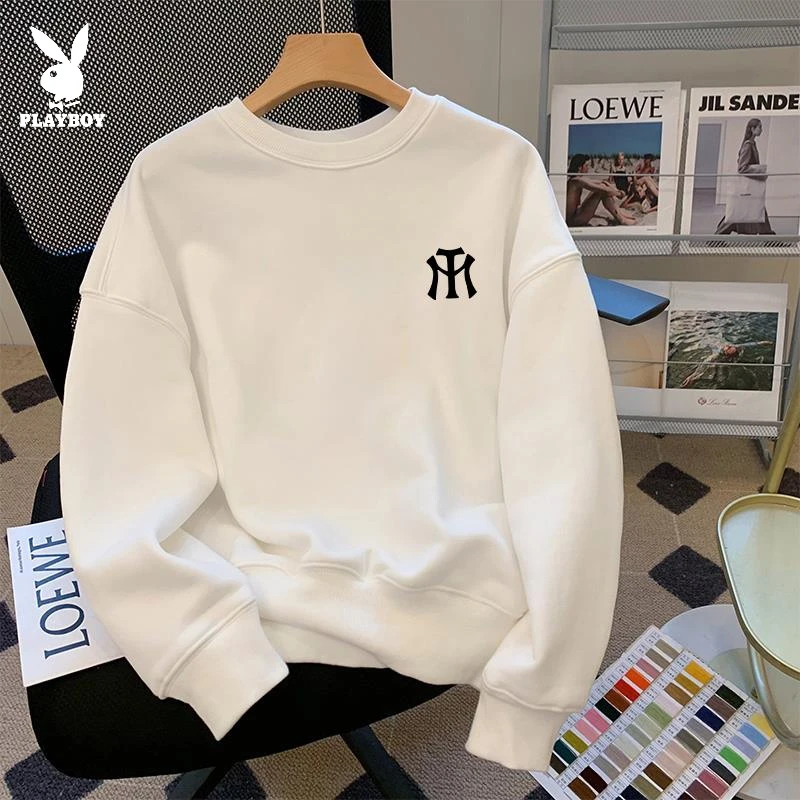 花花公子秋冬美式休闲舒适百搭潮流新品保暖加绒男士圆领印花卫衣