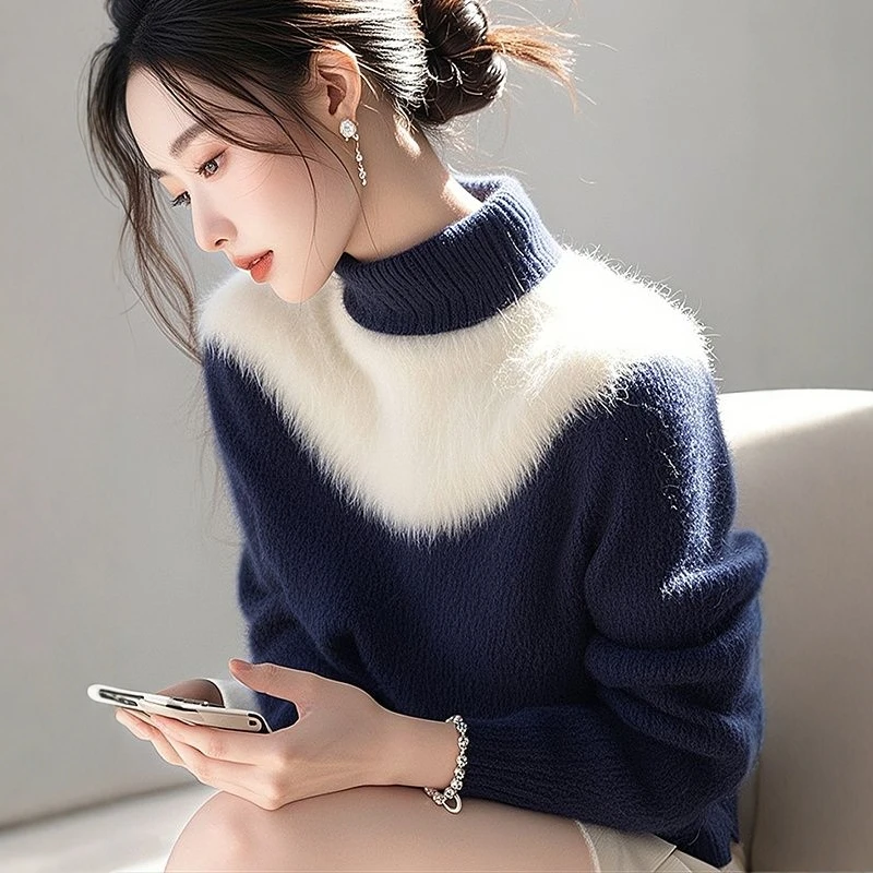 蓝白拼色毛衣女2024冬季新款高级感超好看半高领上衣针织衫