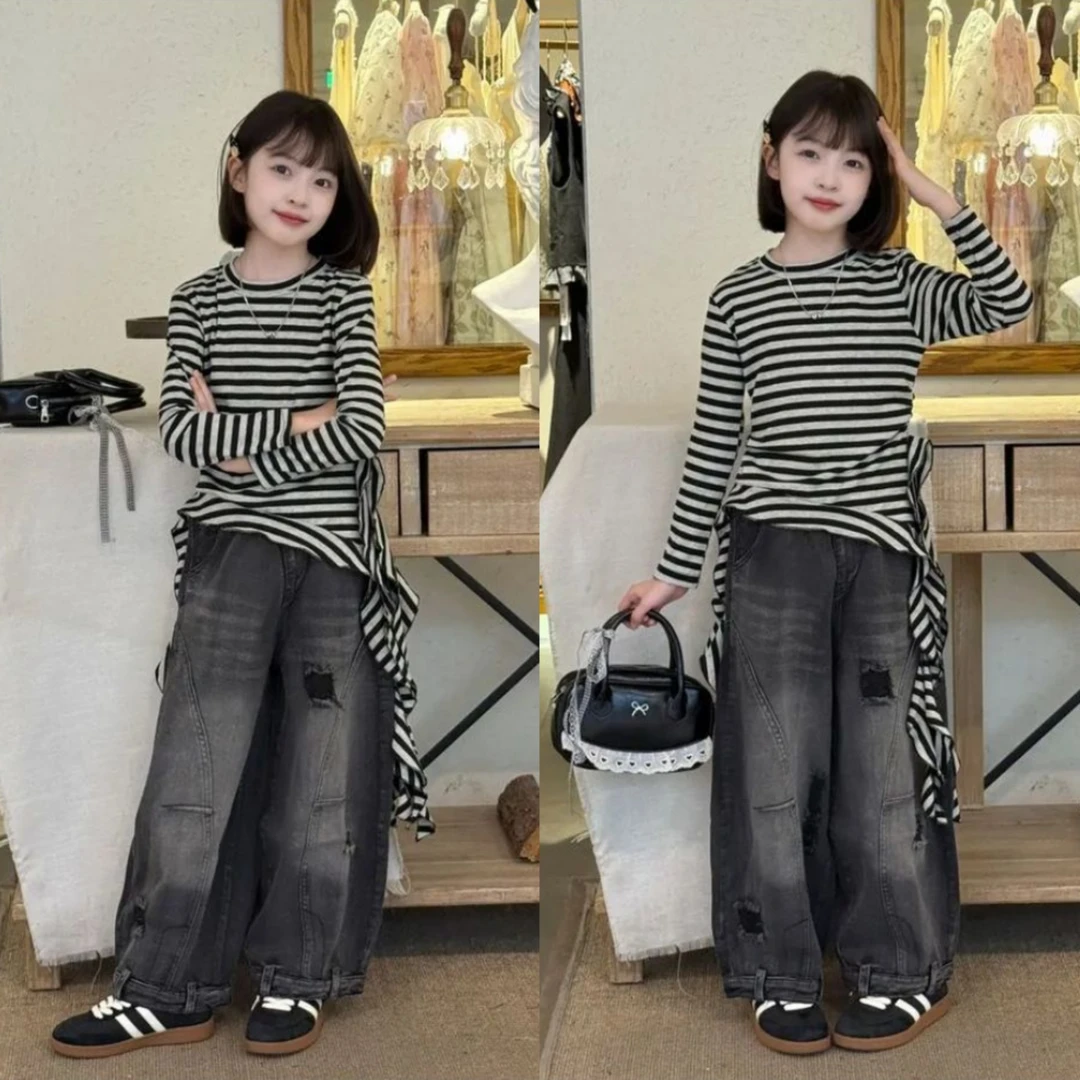 女童斜肩条纹衫破洞猫须喷色重工艺牛仔裤2025春秋阔腿裤韩版潮