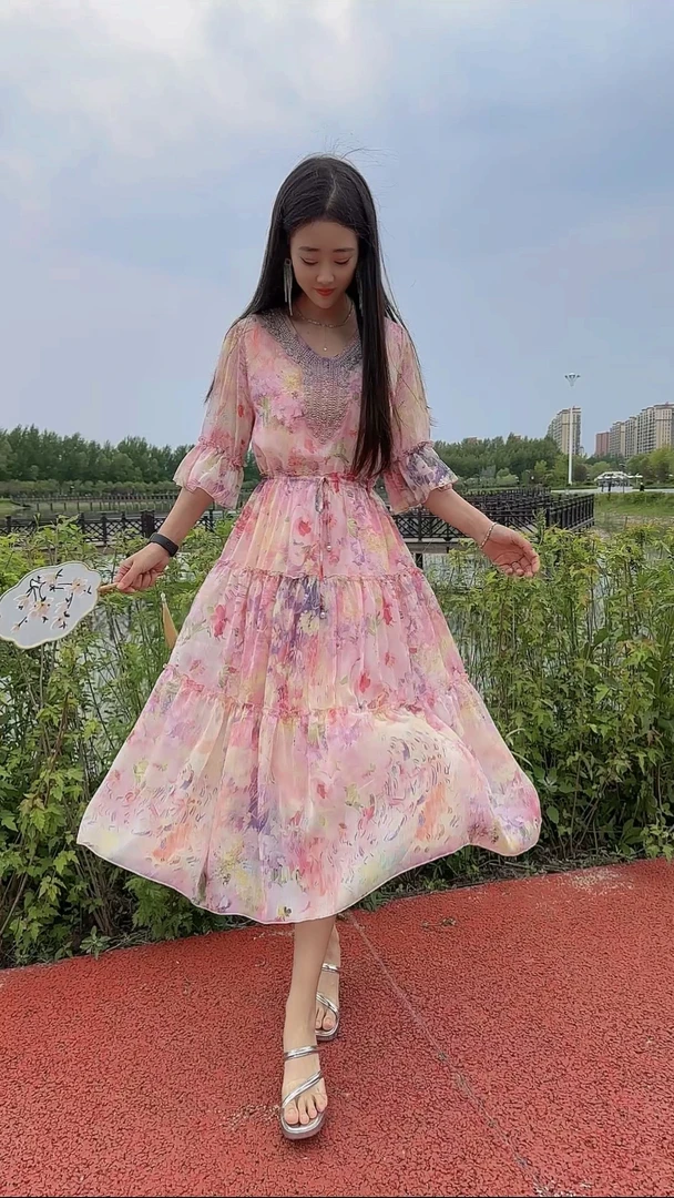 ‘莫奈花园’花粉色抽绳气质夏季碎花连衣裙精致减龄A字裙