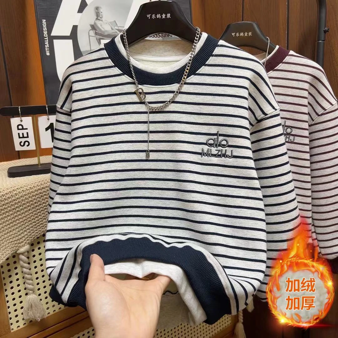 【加绒假两件】潮酷痞帅秋冬中大童帅气时尚百搭条纹上衣