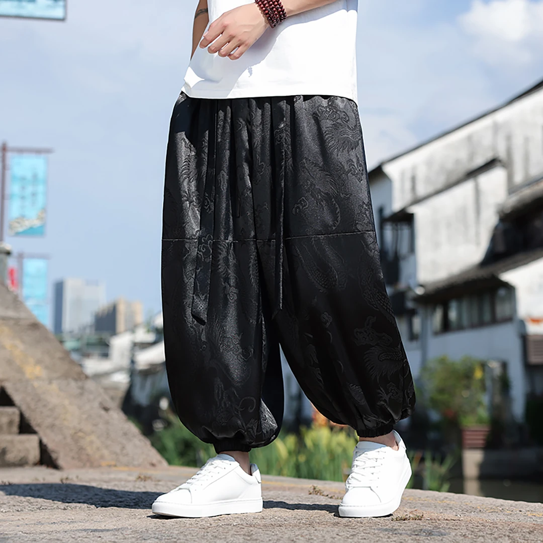 新中式男装冰丝裤子高级垂感速干哈伦裤中国风龙纹提花宽松运动裤