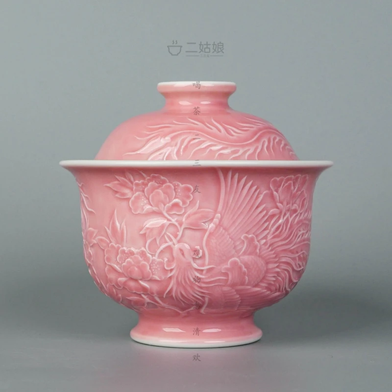 天义华桃粉釉雕刻凤喜牡丹盖碗【景德镇全手工茶具188ml】
