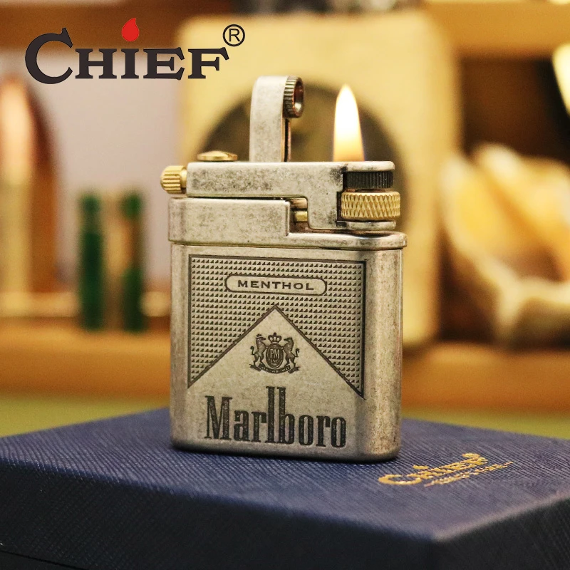 新款机械按压煤油打火机创意半自动机械滑轮火机万宝路男士礼物